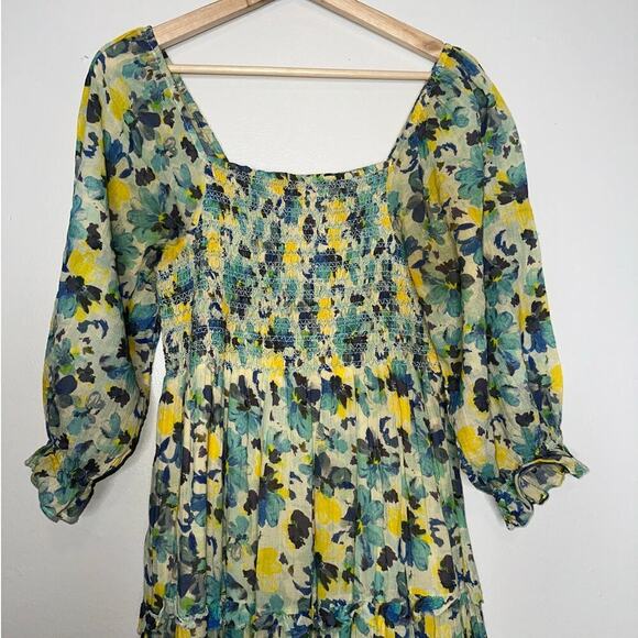 LoveShackFancy Blue Capri Floral Midi Dress Acai Berry Green Yellow Size XS - Picture 4 of 11